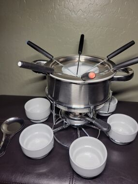 Stainless Steel Fondue Set with White Ceramic Bowls